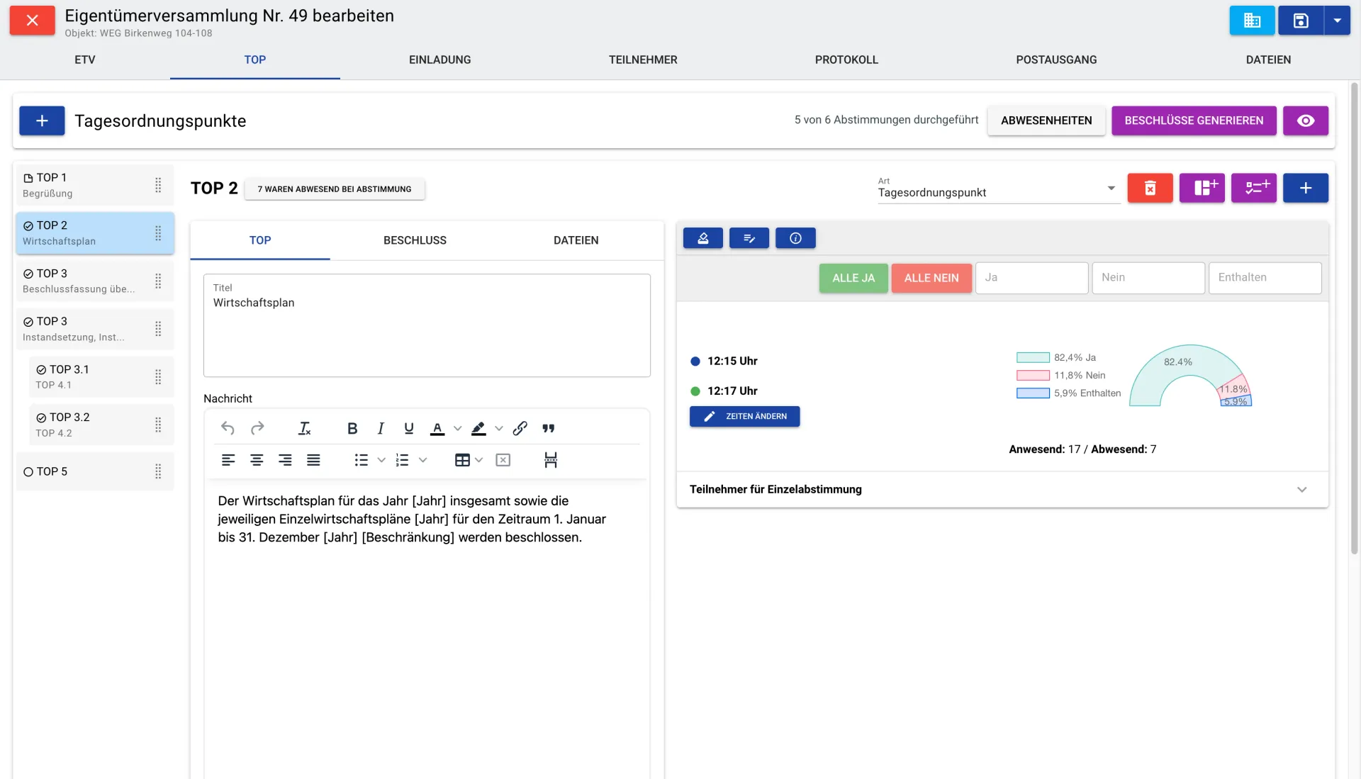 Tagesordnungspunkte per Drag & Drop sortieren und TOP-Abstimmung mit Ergebnisdiagramm in easimo